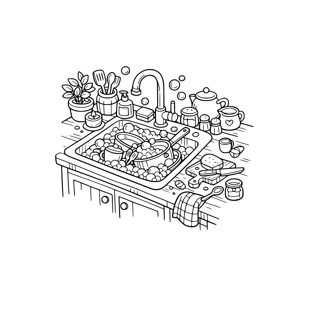 hygge style, cute and cozy, 3d isometric, kitchen sink with bubble soap, half filled with pots, cups, plates, kitchen bench slightly neat, little bit of mess