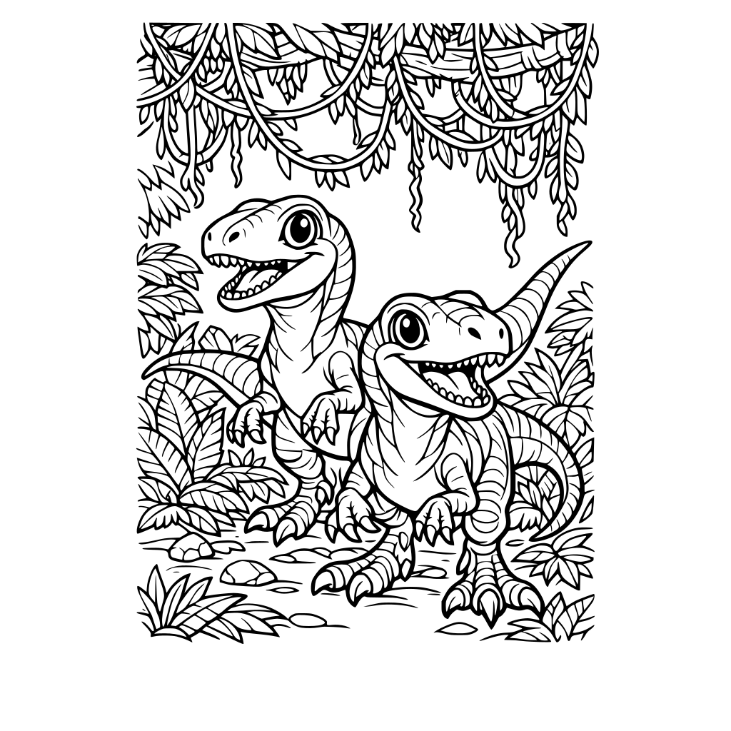 Portrait oriented coloring book page that is black and white with two friendly looking velociraptors. Background has jungle vegetation with vines hanging down from trees. Fill the whole page with great detail.