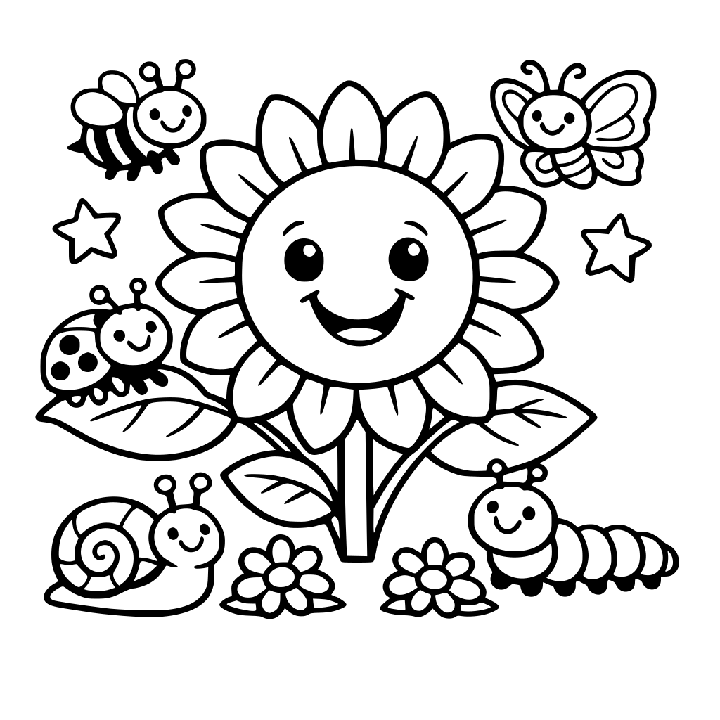 Gigantic smiling sunflower with friendly insect friends, extra thick outlines, no small parts.