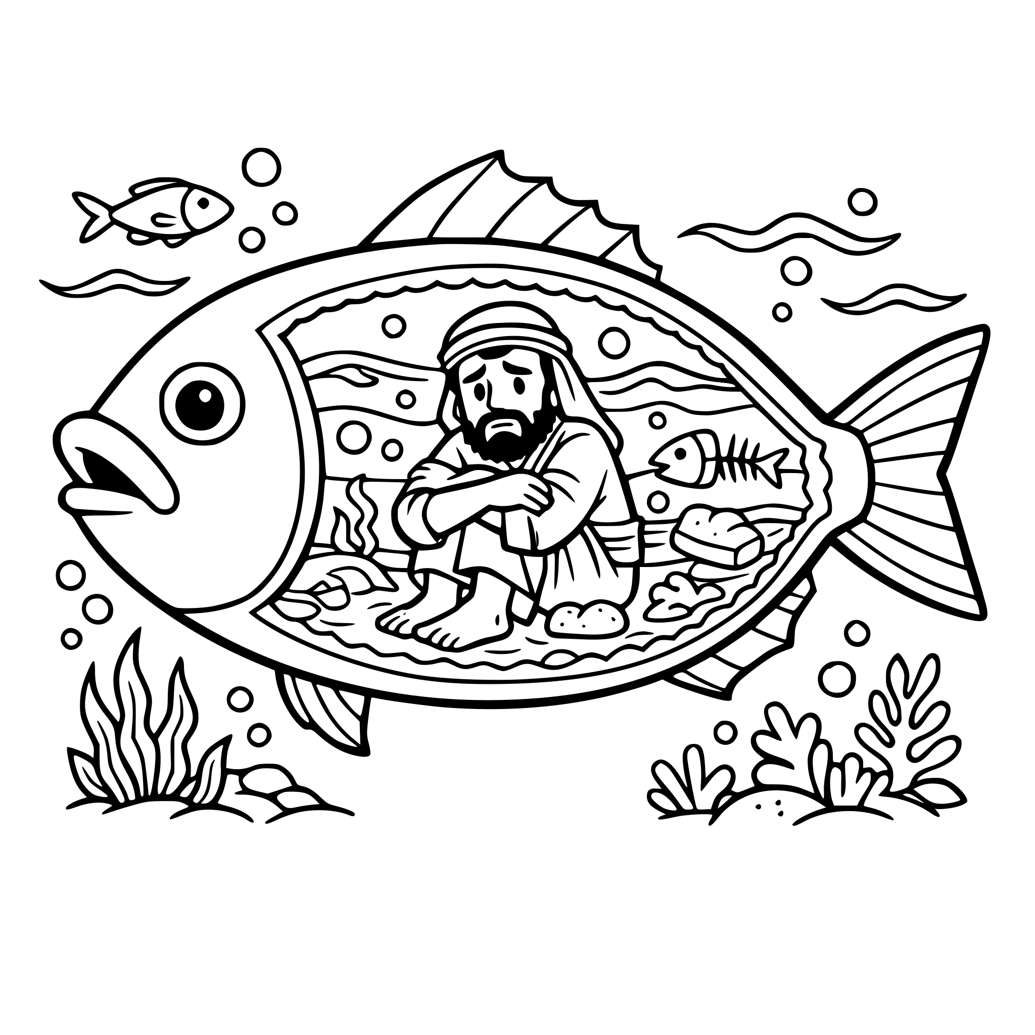 Jonah inside of a big fish, sitting in the belly with water and floating food Include Jonah looking worried and water elements outside of the big fish Outside of the fish include water and plants so that the fish looks like it is deep in the ocean