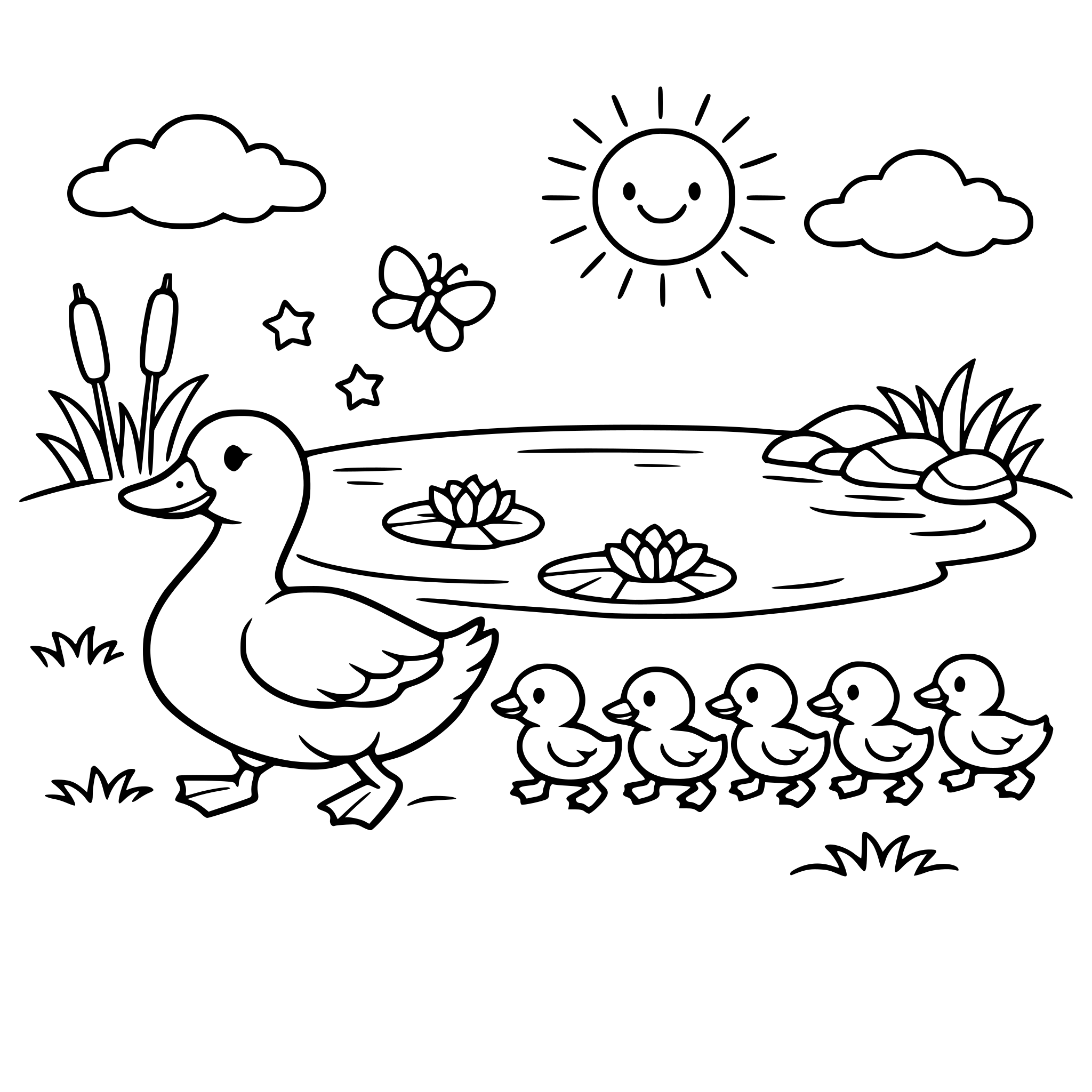 Mother duck with ducklings walking near a small pond