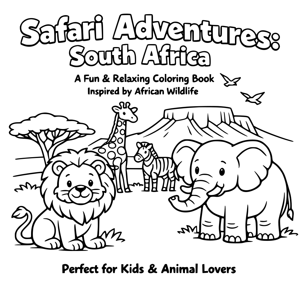 TITLE (Large, Bold): 🦁 Safari Adventures: South Africa 🐘 SUBTITLE: A Fun & Relaxing Coloring Book Inspired by African Wildlife BOTTOM TEXT: Perfect for Kids & Animal Lovers