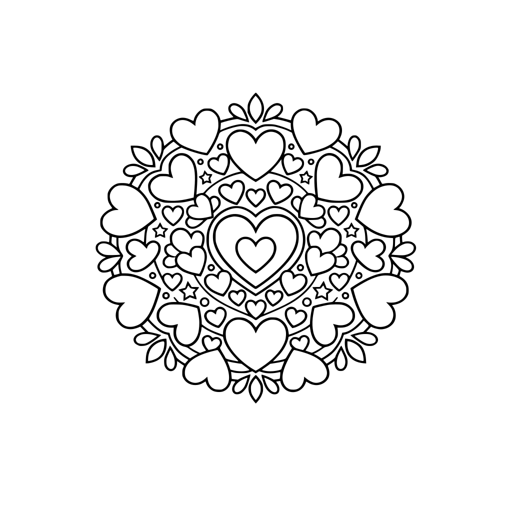 Un mandala avec des coeurs de différentes tailles pour le thème de la St-Valentin.