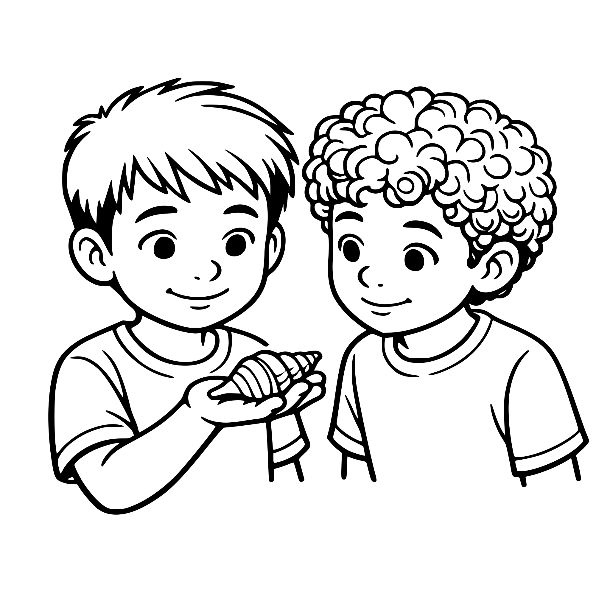 Create an image of a young hispanic boy with a seashell in his hand. Another boy with curly hair and different face, looks at the seashell in his friends hand. The expressions are subtle. White background, isolated.