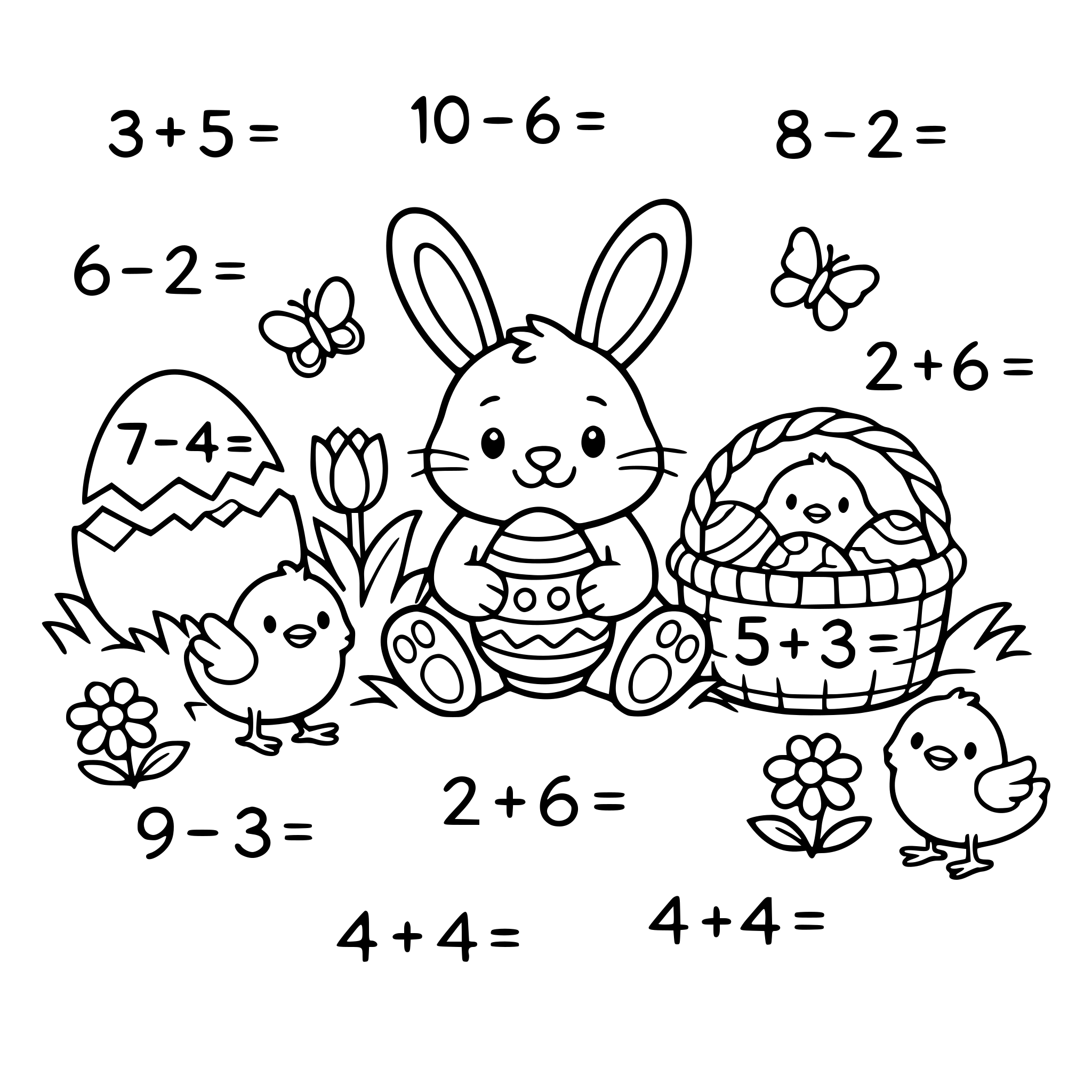 een kleurplaat rond pasen met aftrekkingen en optellingen tot 10