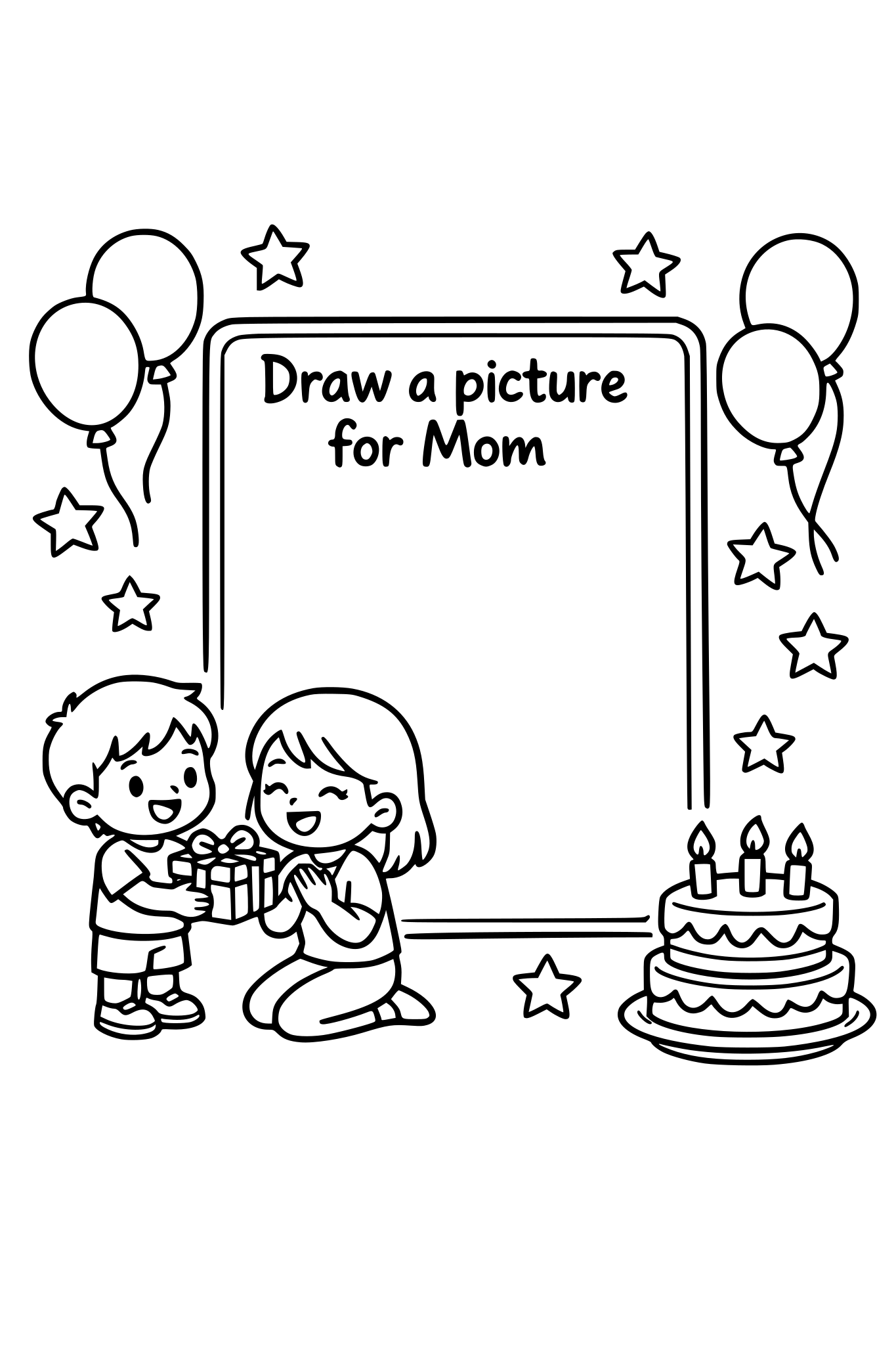 cute kids coloring page, child giving mom a birthday gift, big empty frame labeled "Draw a picture for Mom", balloons, stars and birthday cake around, simple shapes, thick outlines, easy kids coloring page