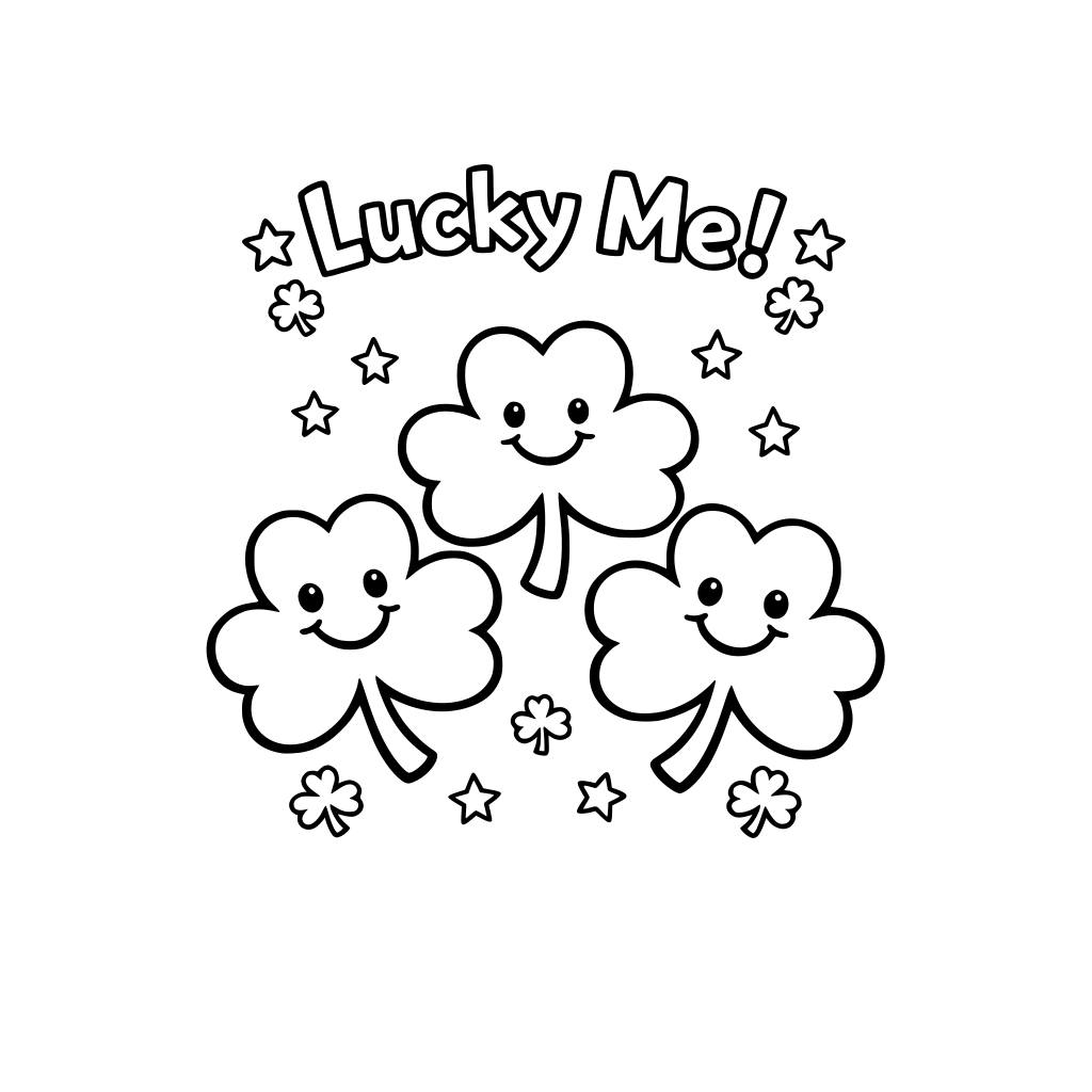 • 3 large shamrocks • Each with a simple smiley face • Thick outlines • Optional dotted border around page Text: “Lucky Me!