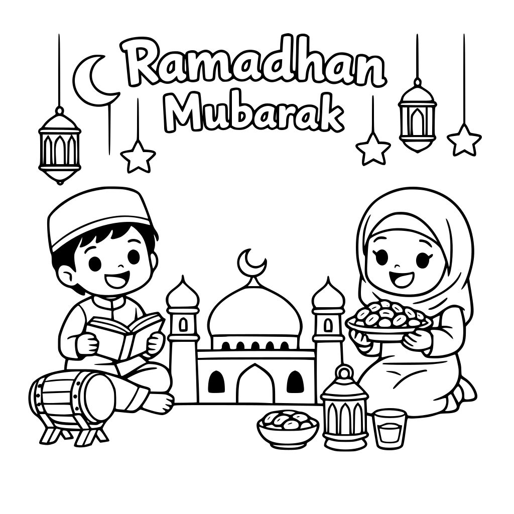 Ramdhan mubarak dan anak mulim kecil yang merayakan ramadhan