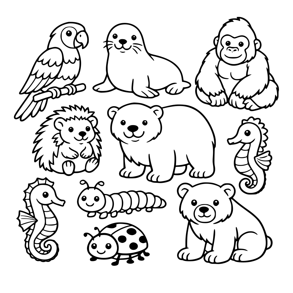 crea una scheda da colorare che abbia un pappagallo, una foca, un gorilla, un orso polare, un riccio, un bruco, una coccinellaun cavalluccio marino, un orso bruno,