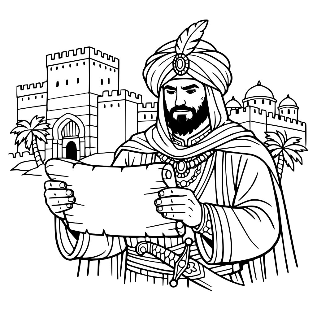 Emir musulman leyendo un papiro (pacto de tudmir) delante de una alcazaba. Lo quiero en blanco y negro para colorear y en formato dibujo.