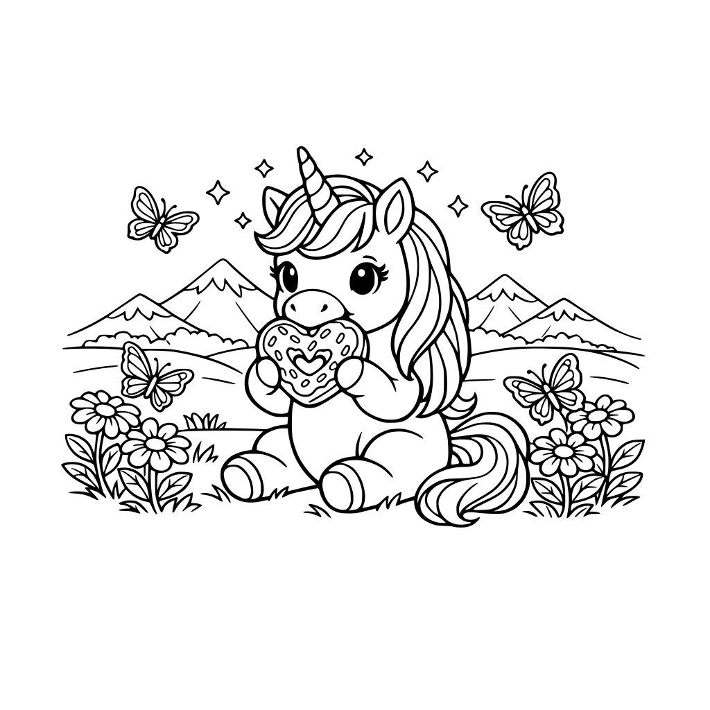 A unicorn eating a heart-shaped donut. On the rolling landscape you see mountains in the distance. Butterflies fling around and perching on the flowers.