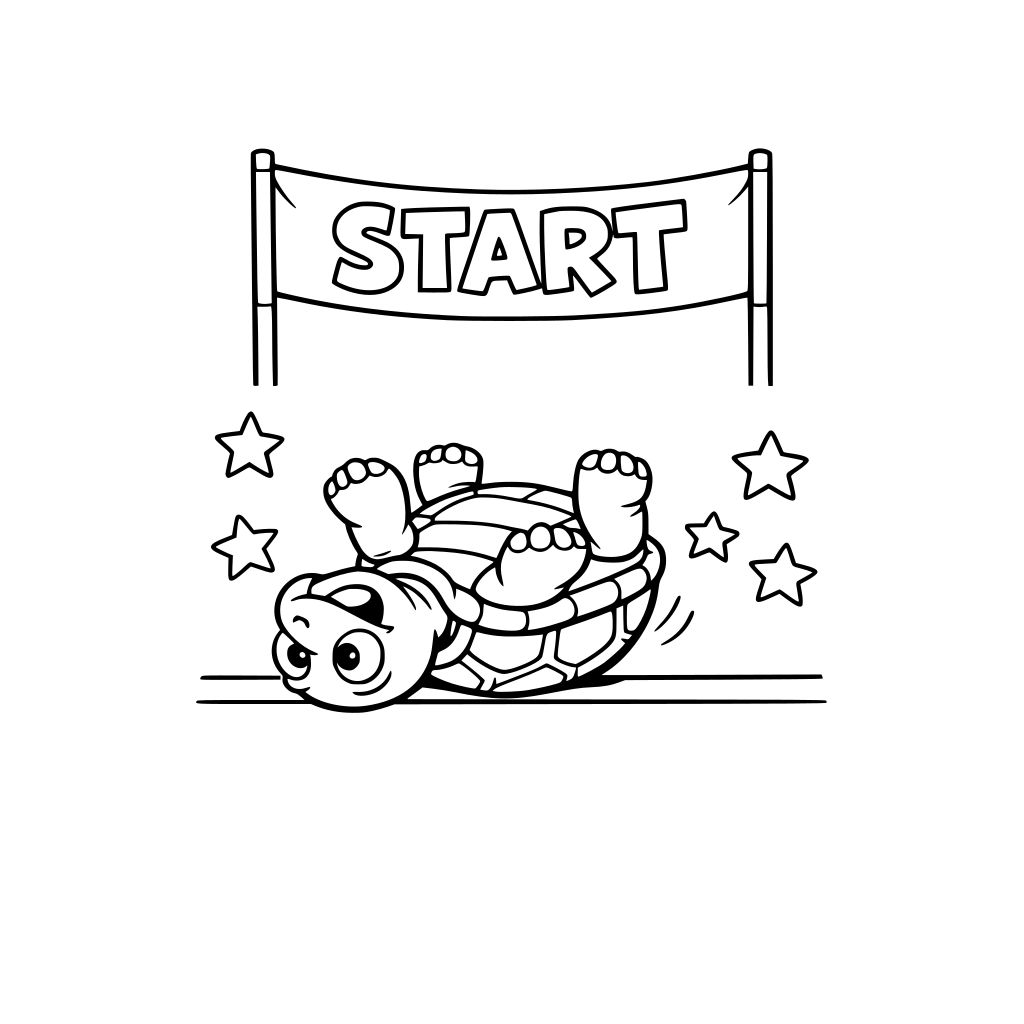 A funny turtle who entered a race and is stuck upside down on the starting line. simple