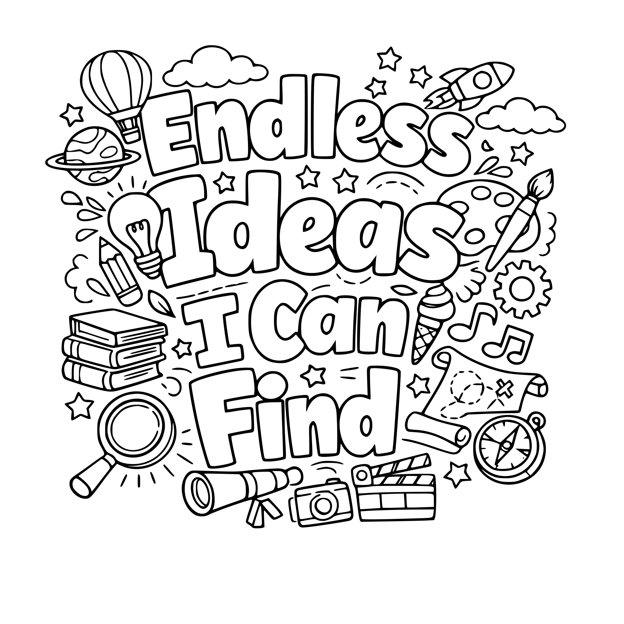 "Endless ideas I can find" coloring letters with items around the letters that work with the lettering.