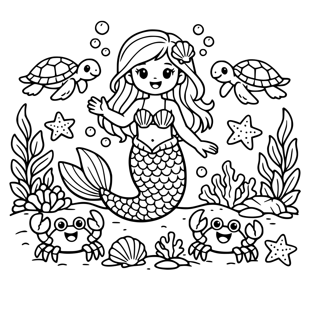 make a coloring page with the mermaid theme, including underwater plants, starfish, crabs, turtles
