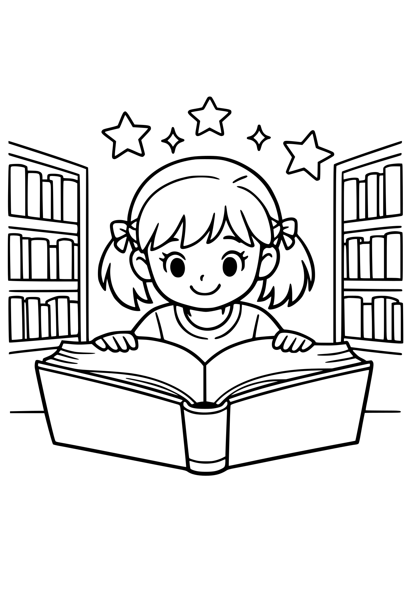 girl reading a big book in the library