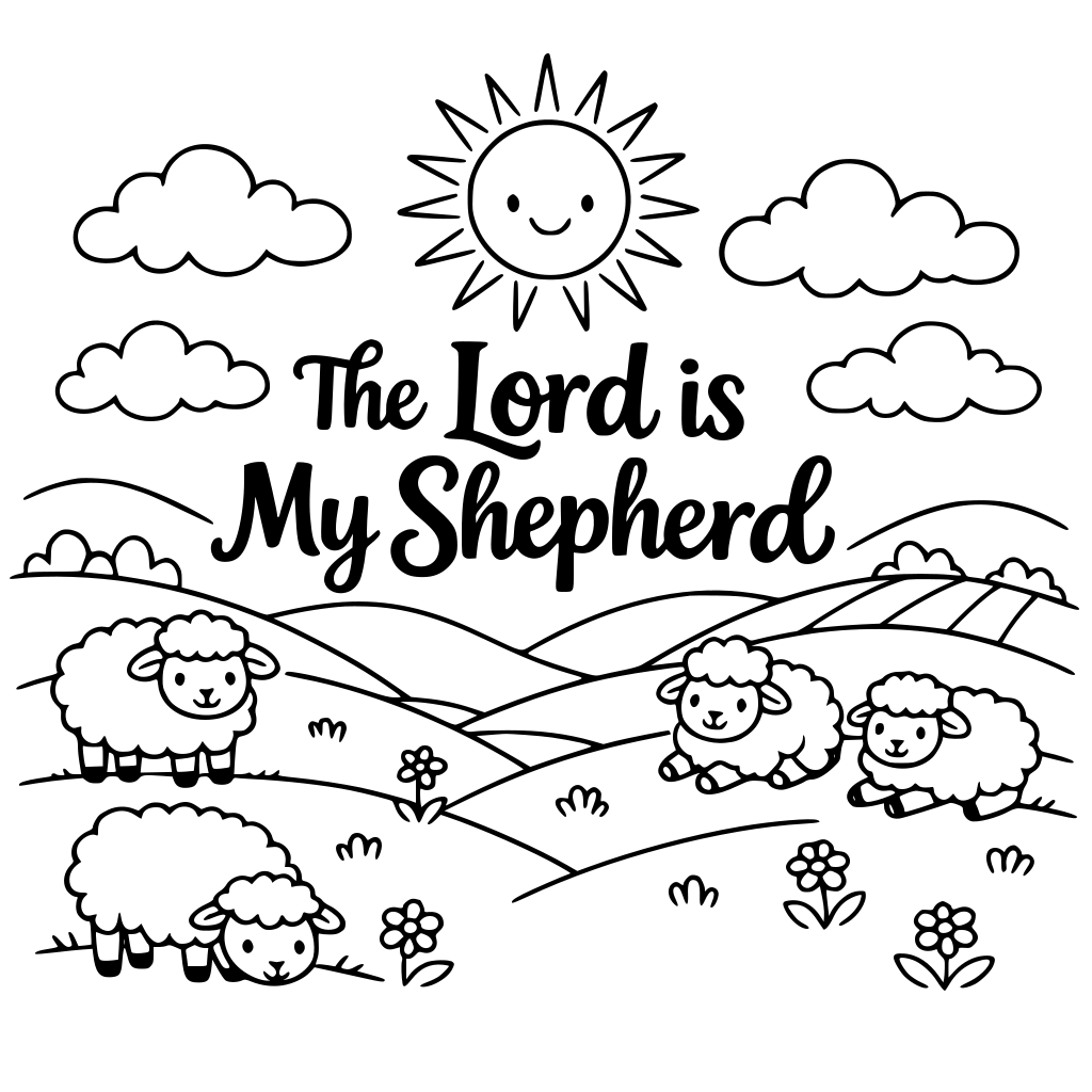 Create a coloring sheet with this text in the center. surround the text with hills, sheep, and sunshine and clouds.