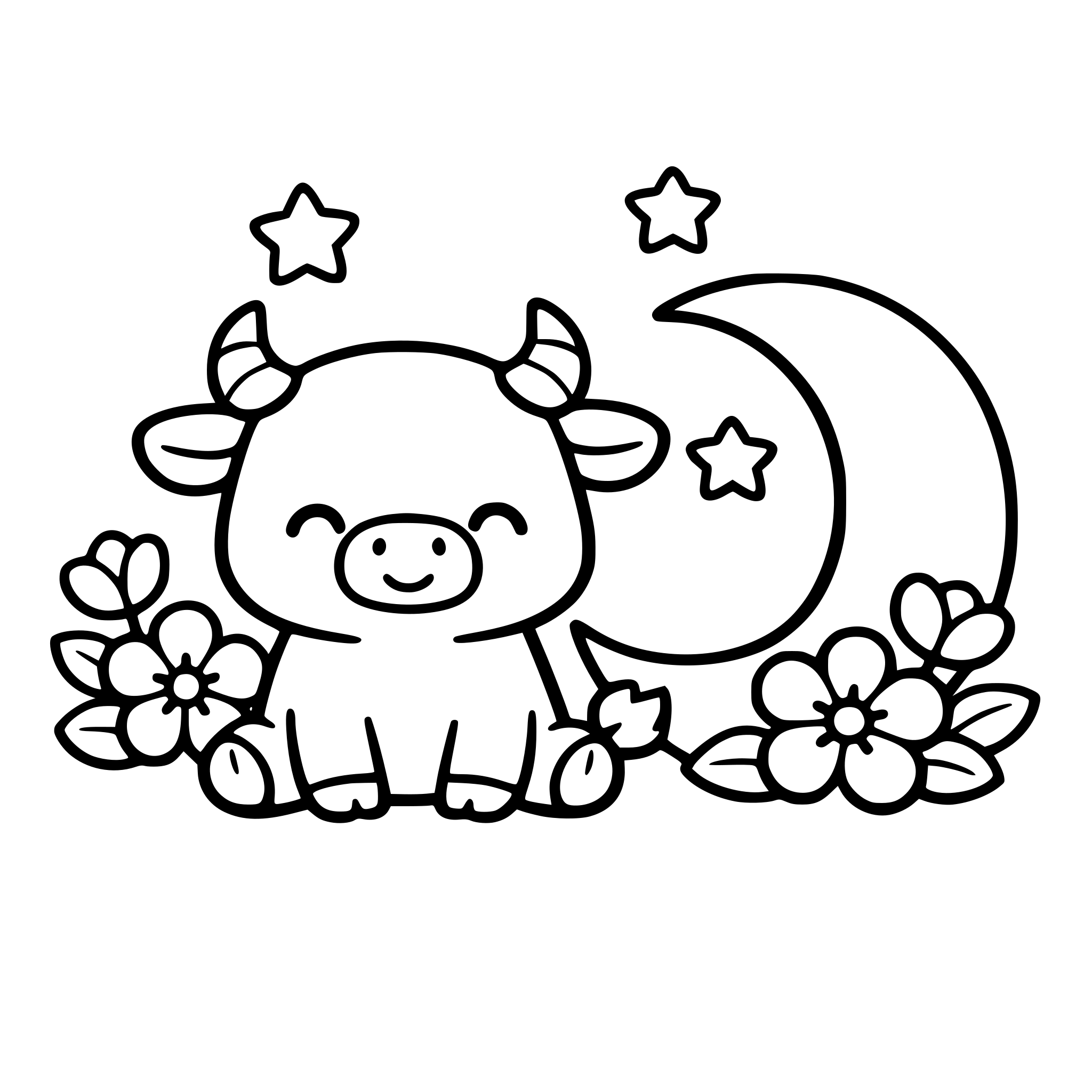 Black and white coloring page illustration, cute kawaii bull sitting peacefully beside a crescent moon and flowers, gentle magical vibe, simple rounded shapes, very bold clean outlines, minimal detail, large spaces for coloring, centered composition, white background.