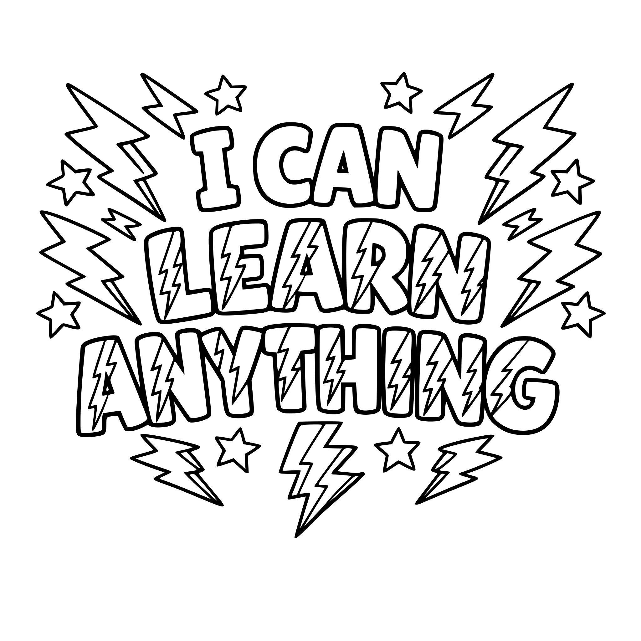"I can learn anything" coloring letters with lightning bolts around the letters.