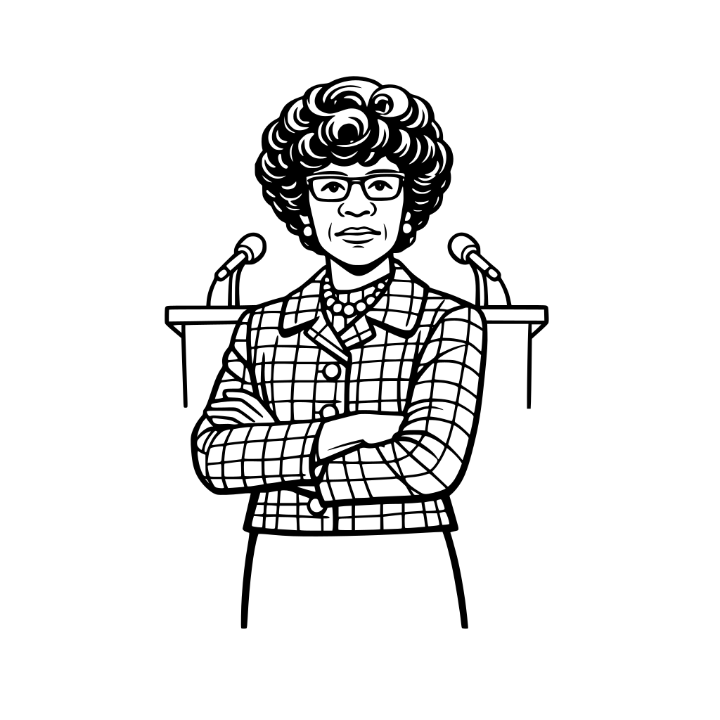 Shirley Chisholm standing confidently in professional attire, determined expression, simple podium outline behind her, mid-body framing.