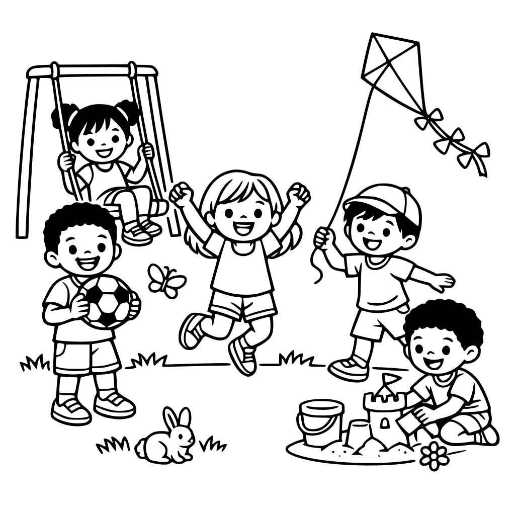 A coloring book of black, white, and asian girls and boys playing together in a park having fun