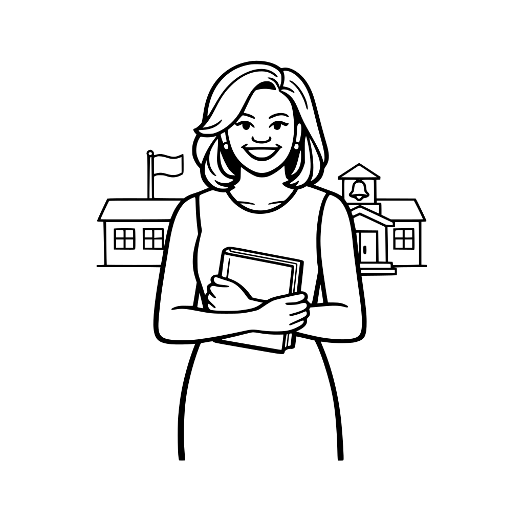 Michelle Obama standing confidently holding a book, warm smile, simple modern dress, very simple facial features, minimal school building outline, mid-body framing.