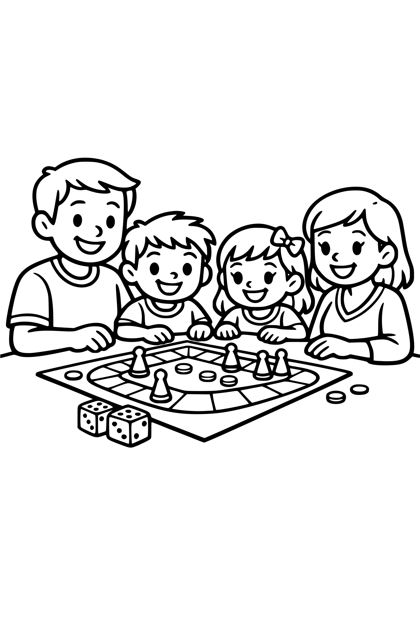 cute kids coloring page, happy family sitting around a table playing a board game, boy and girl smiling with parents, dice and game pieces on the table, cozy home scene, simple shapes, thick outlines, black and white line art