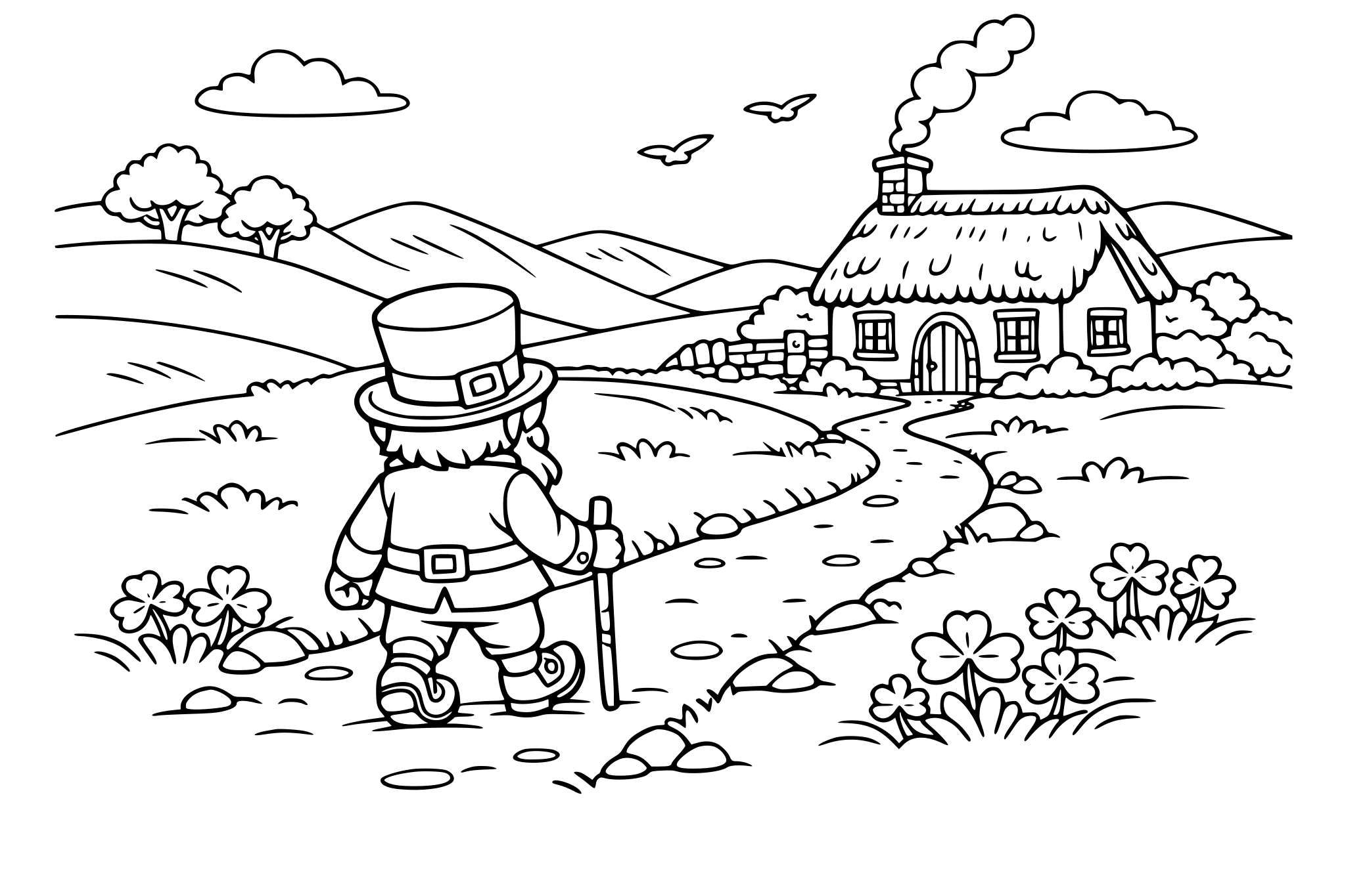 Leprechaun walking down a path to a Irish cottage with rolling hills