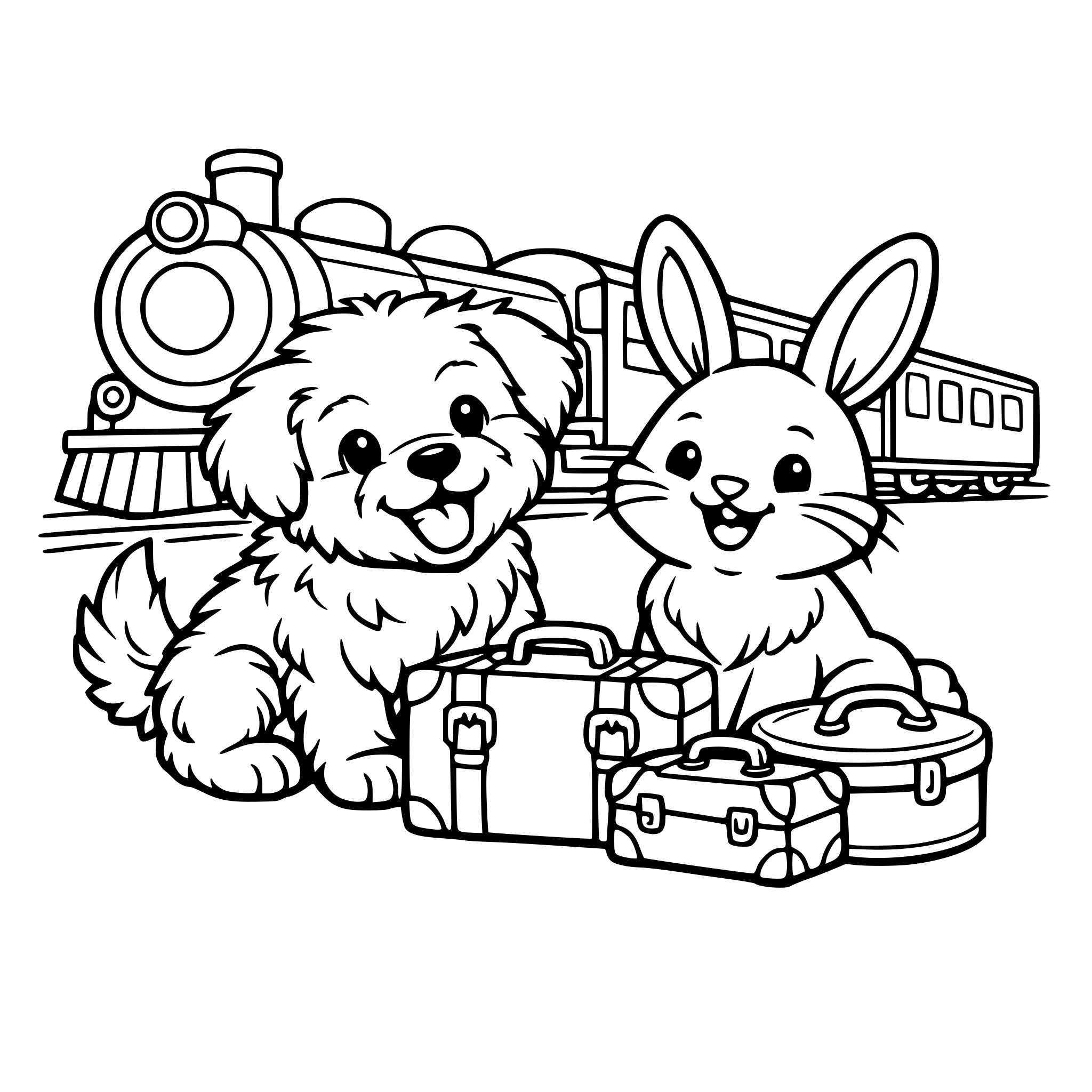 a fluffy puppy and a happy bunny at a train station together. suitcases and train.