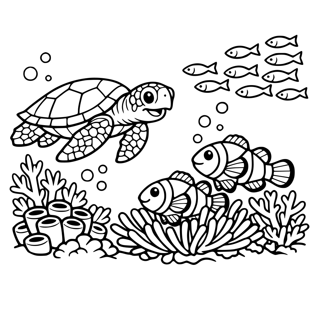 Wildlife in the ocean like a sea turtle, clown fish in a coral reef with school of fishes in the background.