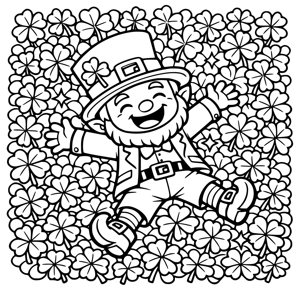 Square coloring book page that is black and white with a cute friendly leprechaun. He is laying on his back with arms and legs spread out in a bed of clover. Fill the whole page with great detail. Simple art bold and easy cartoon style.