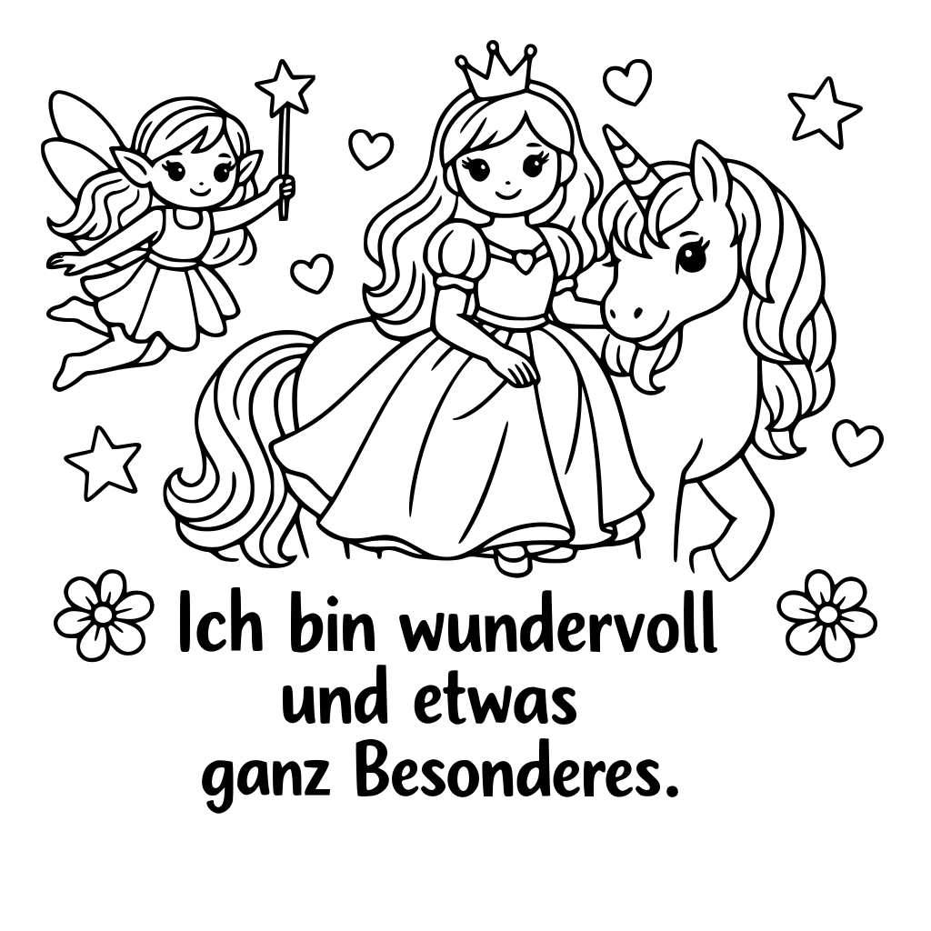 Einhorn Malbuch mit Feen und Prinzessinnen mit Deutschen Affirmationen 30 seiten
