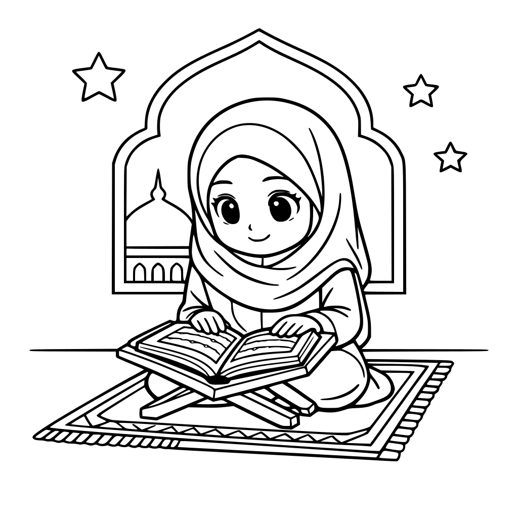 Black and white line art illustration for adult coloring book of a cute girl wearing hijab reading the Qur’an on a prayer mat, simple mosque window background, clean bold outlines, semi simple details