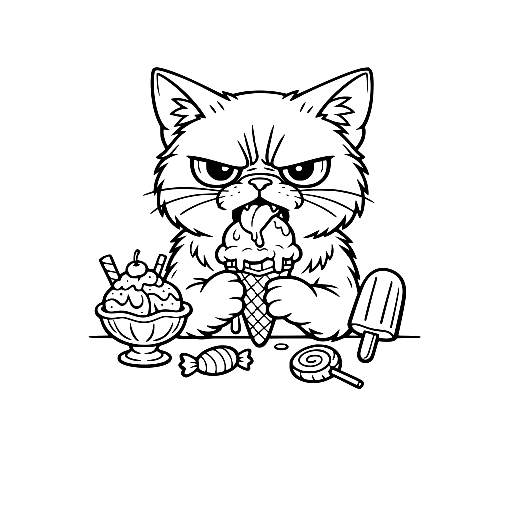 A grumpy cat eating ice cream