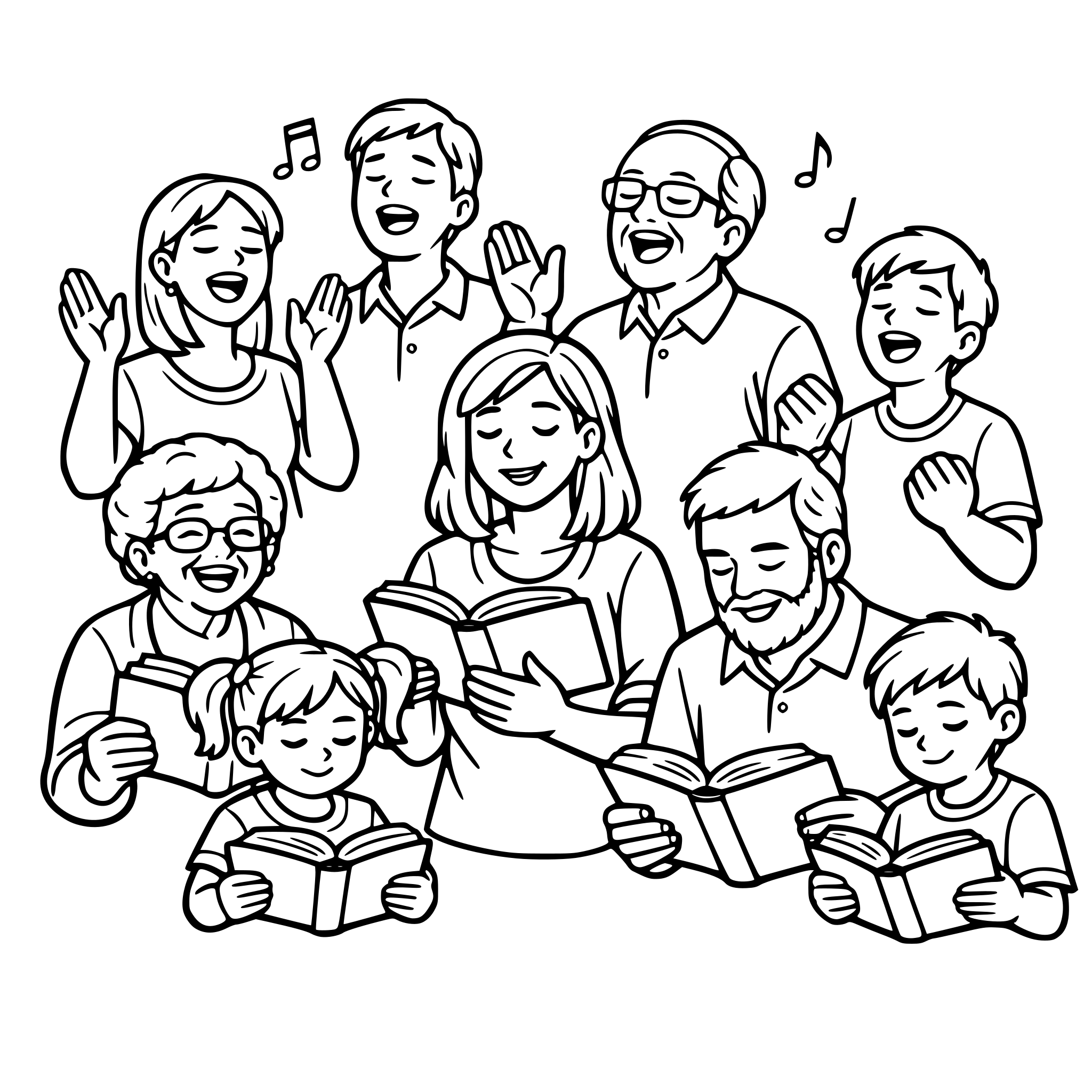 Create an image of a group of people of all ages, have some worshipping by singing and some reading the Bible