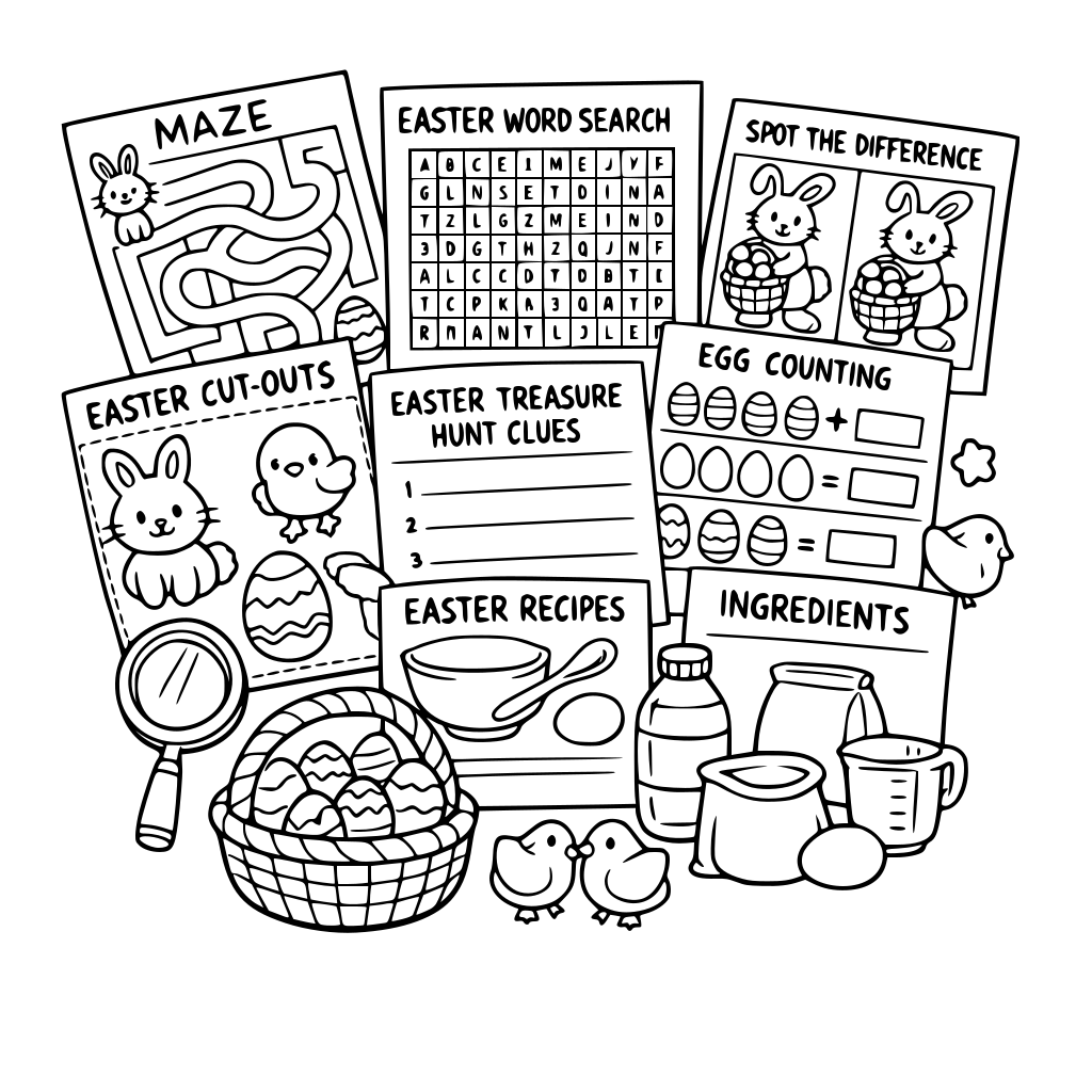 Easter activities touring pages mazes word finds spot the difference easter activities easter cut outs easter treasure hints easter egg counting ingredients pages