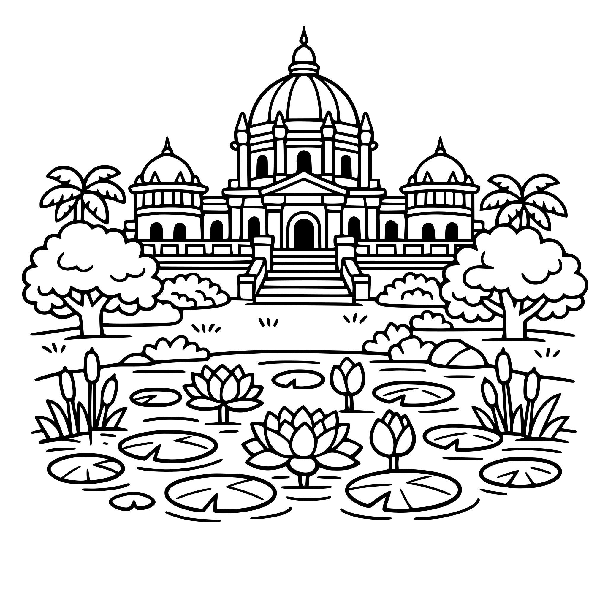 Cute cozy simple Tripura Palace garden scene with Ujjayanta palace dome, trees, and lotus pond.
