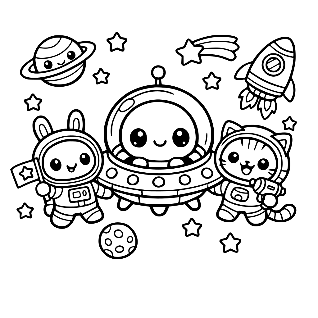 escena espacial con personajes kawaiis