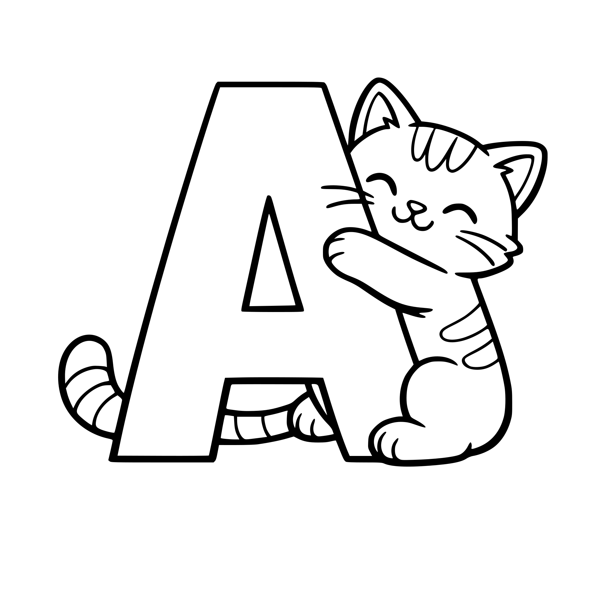 A big alphabet “A” with a cute cat hugging the word