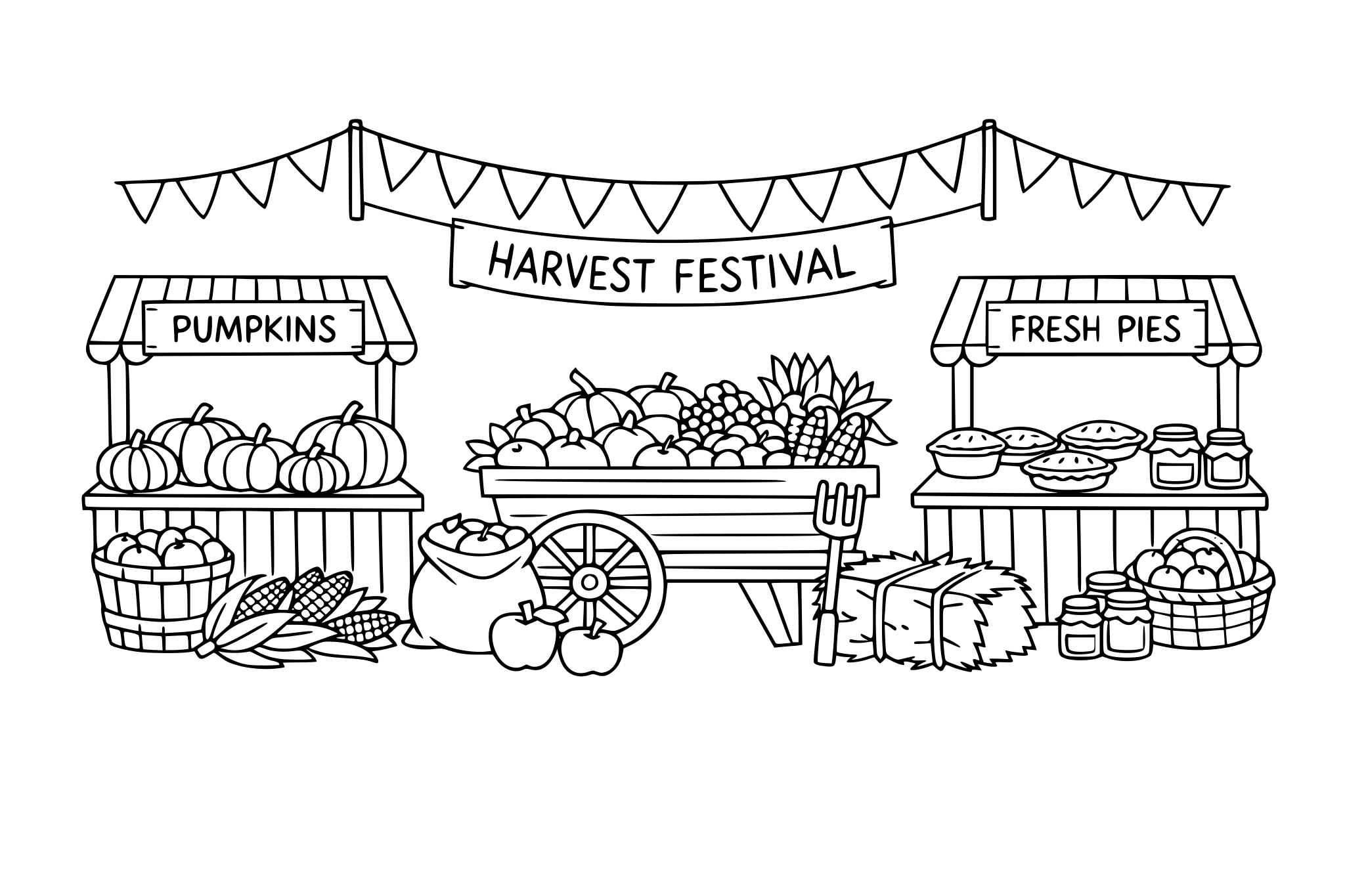 Harvest festival with booths, minimalistic line.