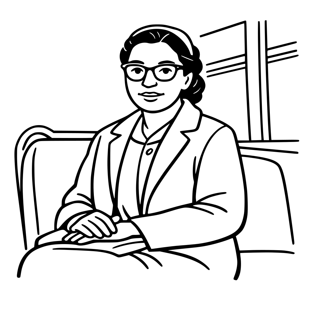 Rosa Parks sitting calmly on a bus seat, simple 1950s dress and coat, peaceful strong expression, very simple facial features, wearing glasses, minimal bus interior lines, mid-body framing.