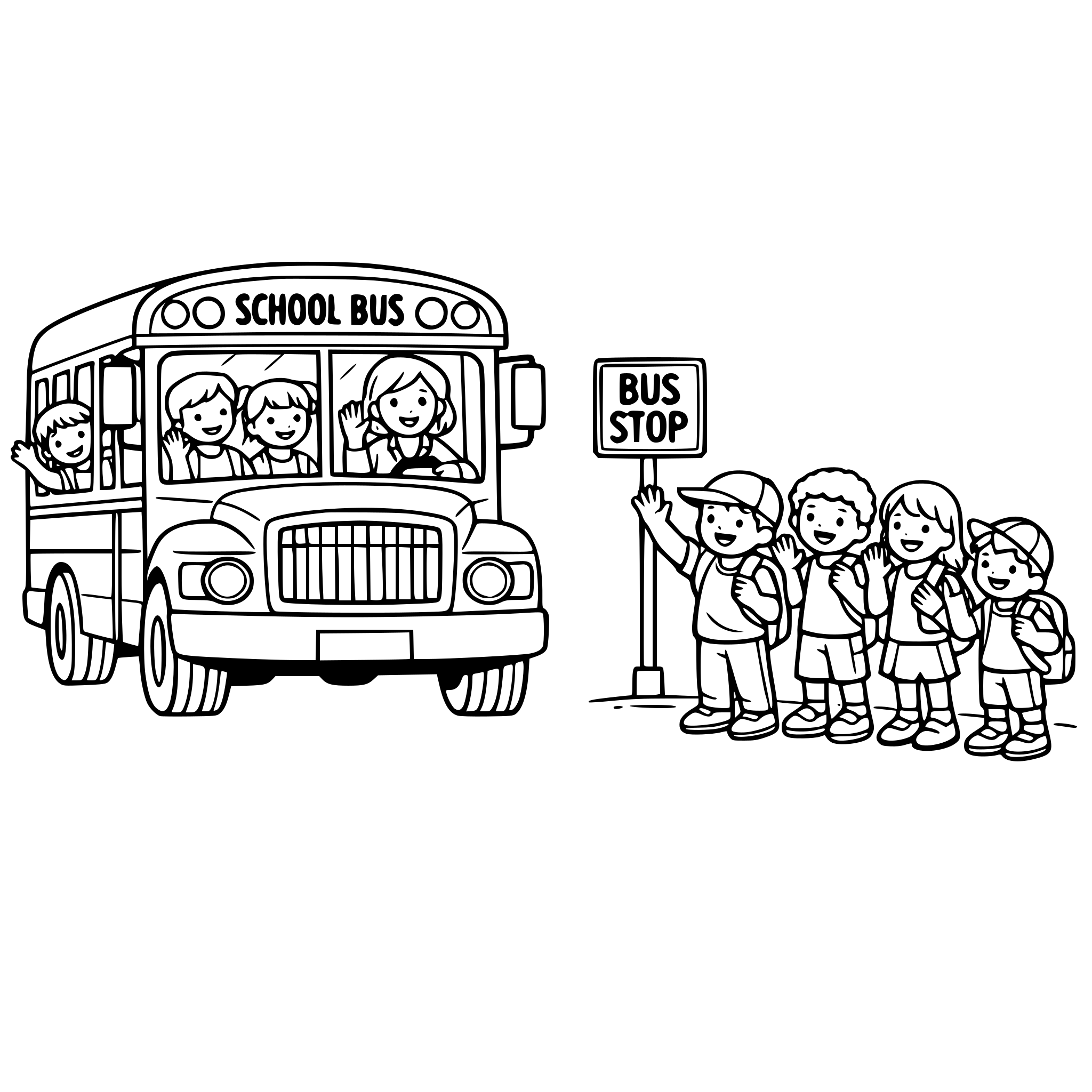 Create an image of a school bus with some kids on it and it drives by the bus stop where 5 kids are waiting to get on. The kids look, wave to driver to try and get her attention. White background, isolated.