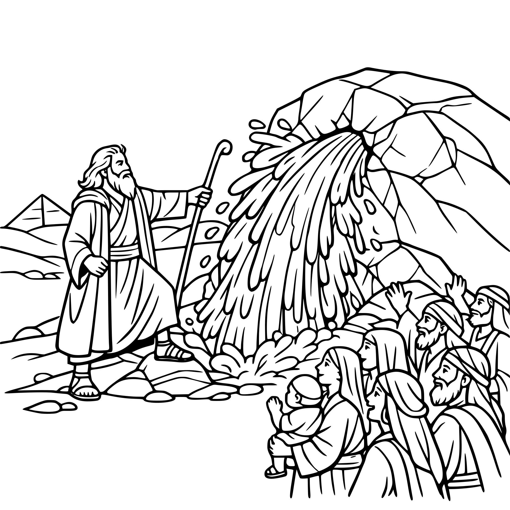create a scene with moses standing by a rock with his staff in his hand. Make water come rushing out of the rock and the people standing by watching. Make the scene take place in the desert