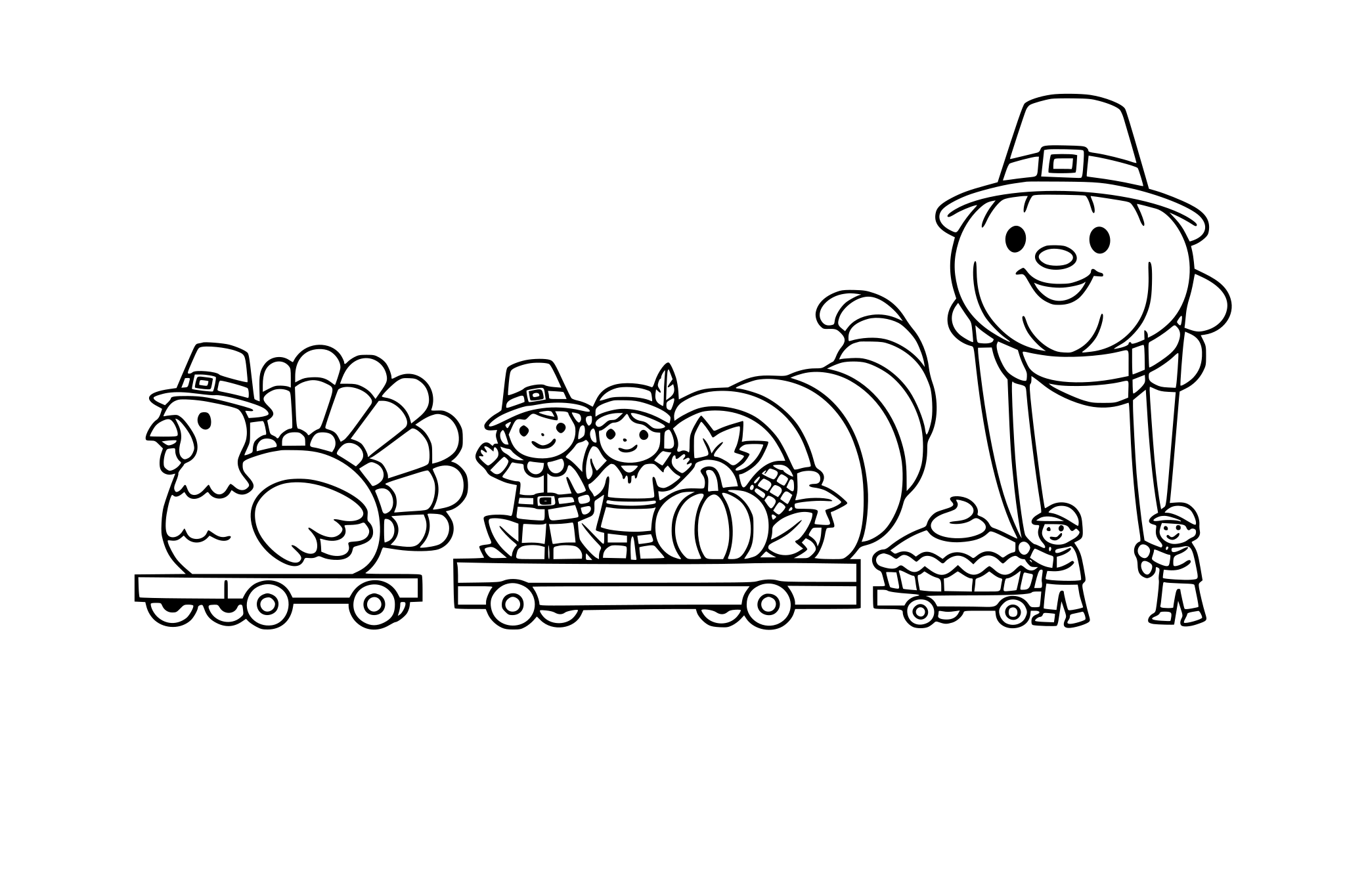 Thanksgiving parade floats, minimalistic line.