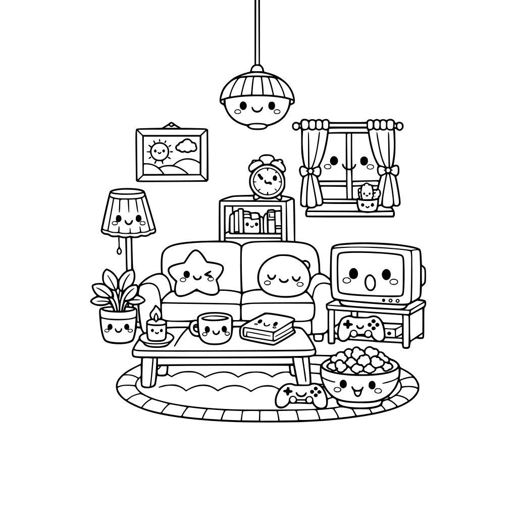 cute kawaii home scene of a living room. no animals. items have cute kawaii facial expressions. do not repeat items. do not repeat facial expressions.