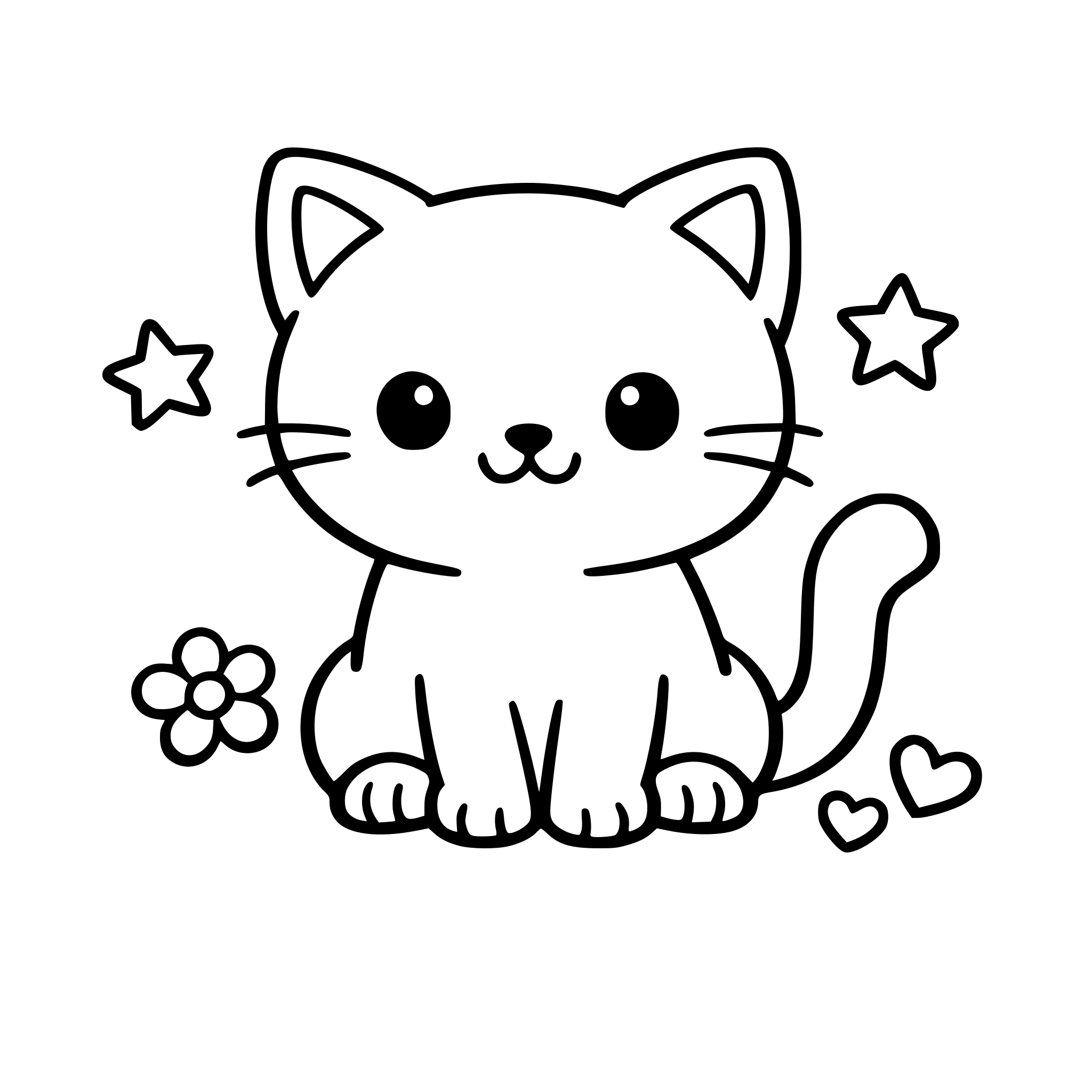 kids coloring page, cute cat, bold black outline, simple, no shading, white background