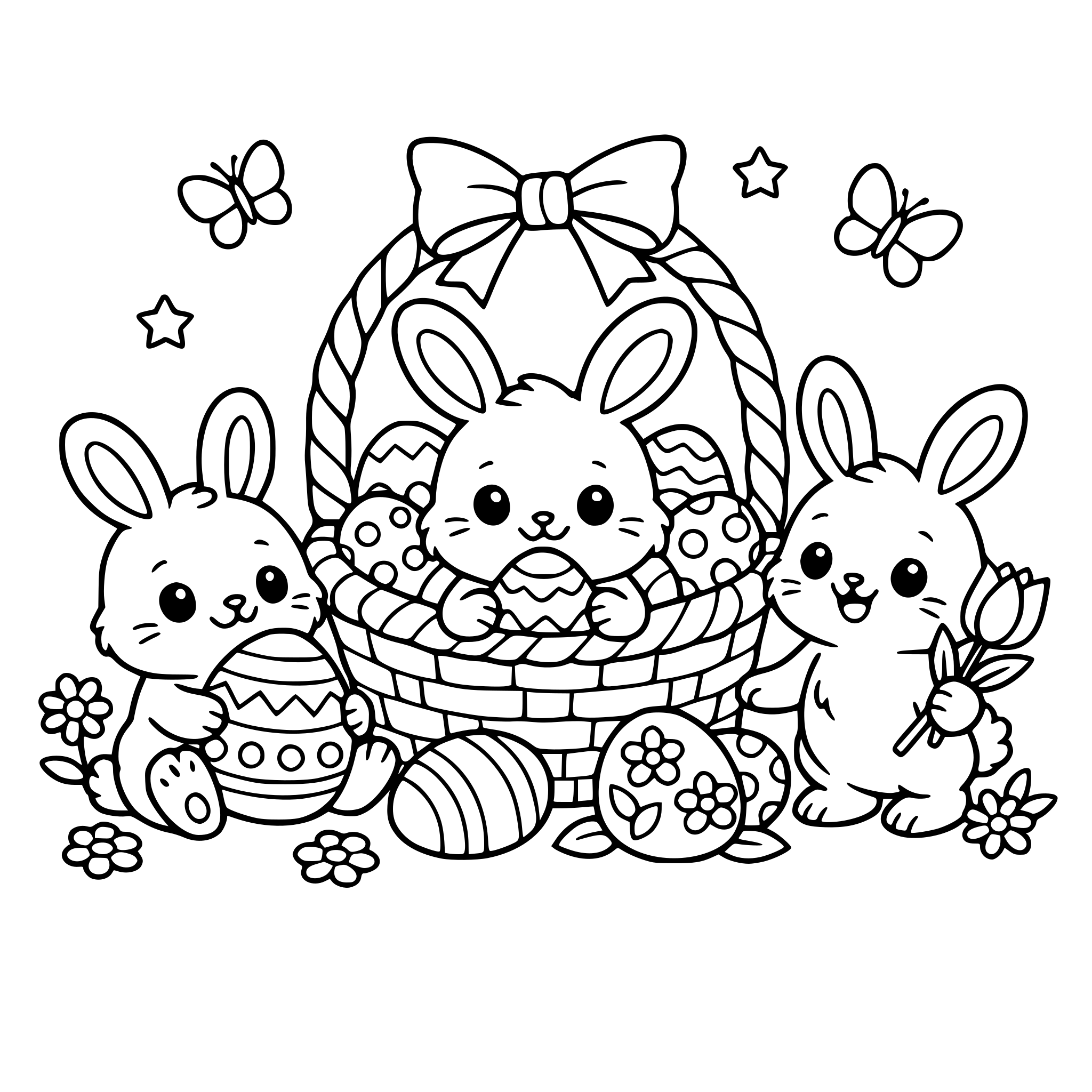 lapins mignons dans des scènes joyeuses avec œufs de Pâques, paniers, fleurs, papillons et décors printaniers.