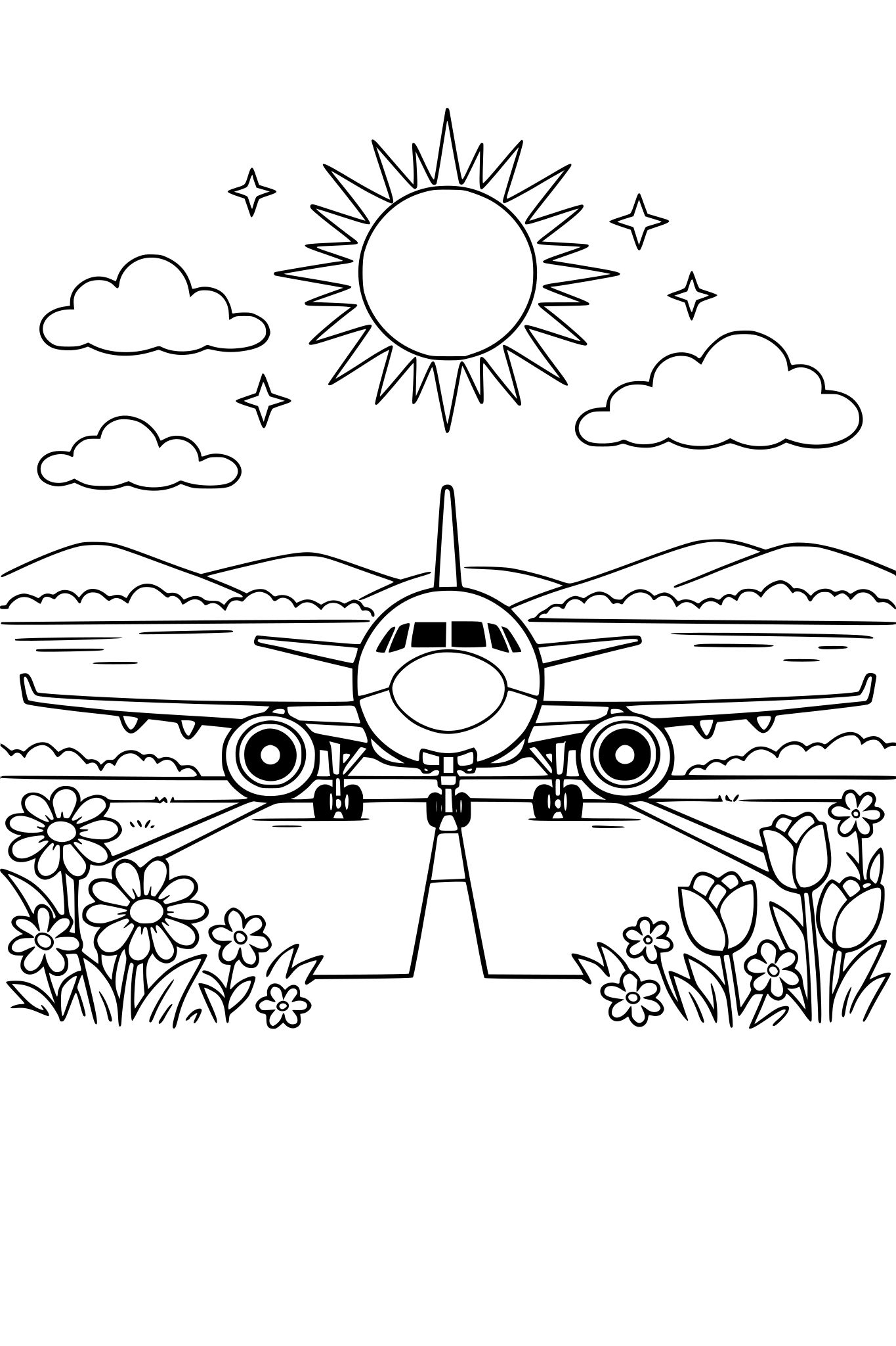 airplane landing on ground, behind it there is a lake and son on sky and clouds and flowers