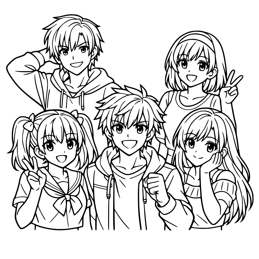 anime character style, 3 girls 2 boys