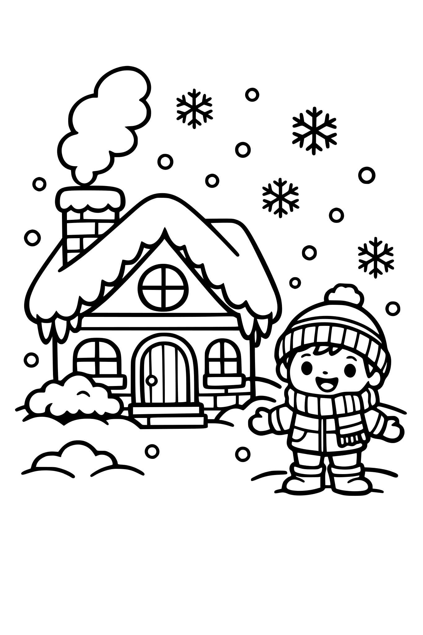 cute kids coloring page, small cozy house covered in snow, happy child standing outside wearing a winter hat and scarf, smoke coming from the chimney, snowflakes falling, simple shapes, thick outlines, kids coloring book line art