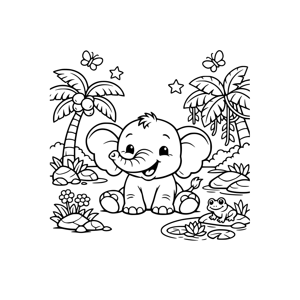 Smiling baby elephant jungle scene